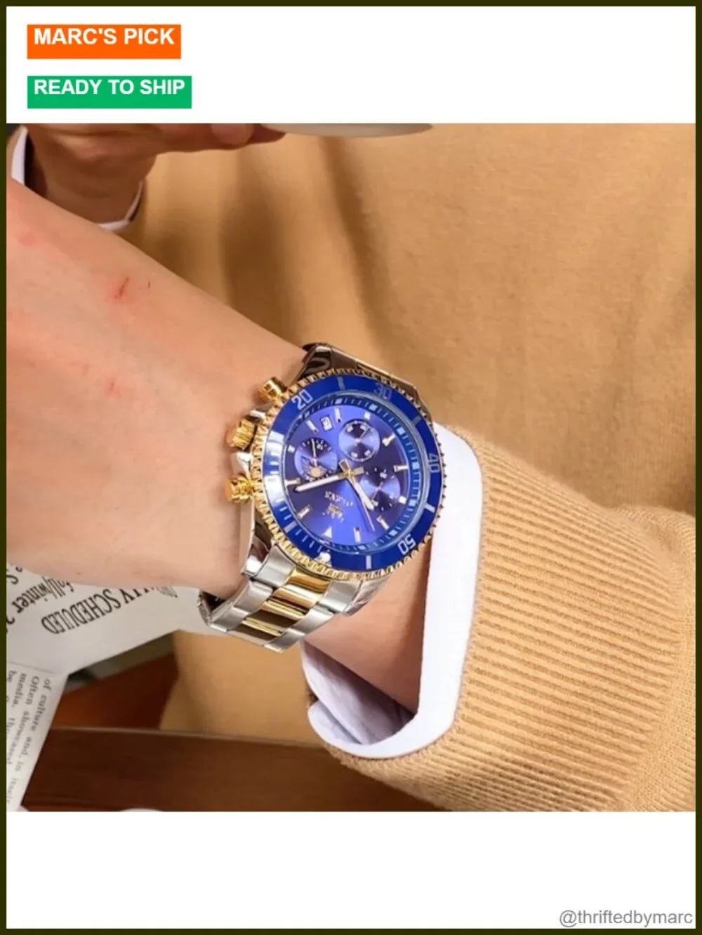 Stainless Steel Chronograph Watch with Luminous Hands and Date Window